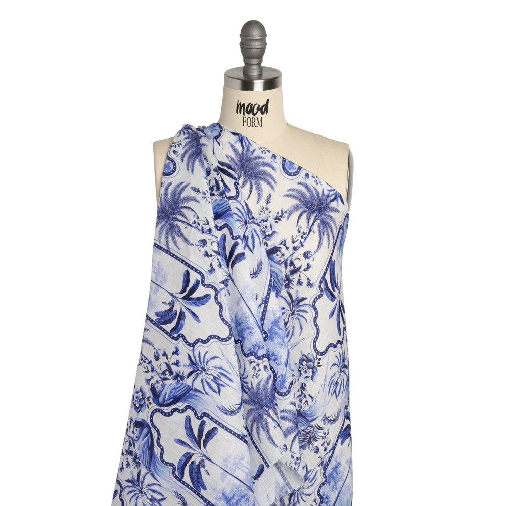Lightweight Linen Woven - Blue and White Palms in Paradise Drape Lightweight Linen Woven - Blue and White Palms in Paradise Drape
