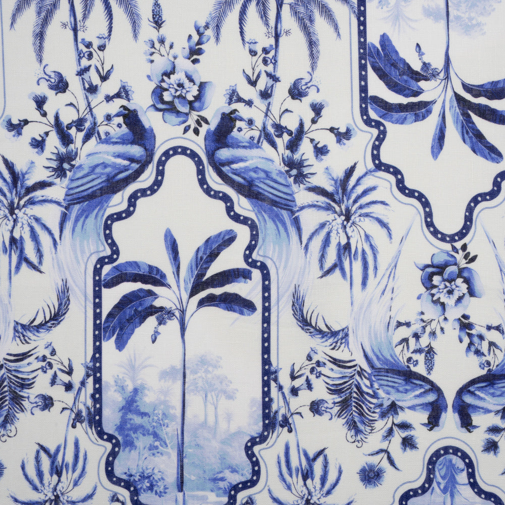 Lightweight Linen Woven - Blue and White Palms in Paradise Lightweight Linen Woven - Blue and White Palms in Paradise
