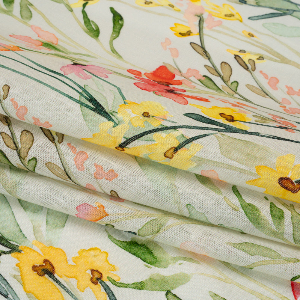 Lightweight Linen Woven - Yellow, Red and Green Watercolor Floral Trails on Ivory Folded Lightweight Linen Woven - Yellow, Red and Green Watercolor Floral Trails on Ivory Folded