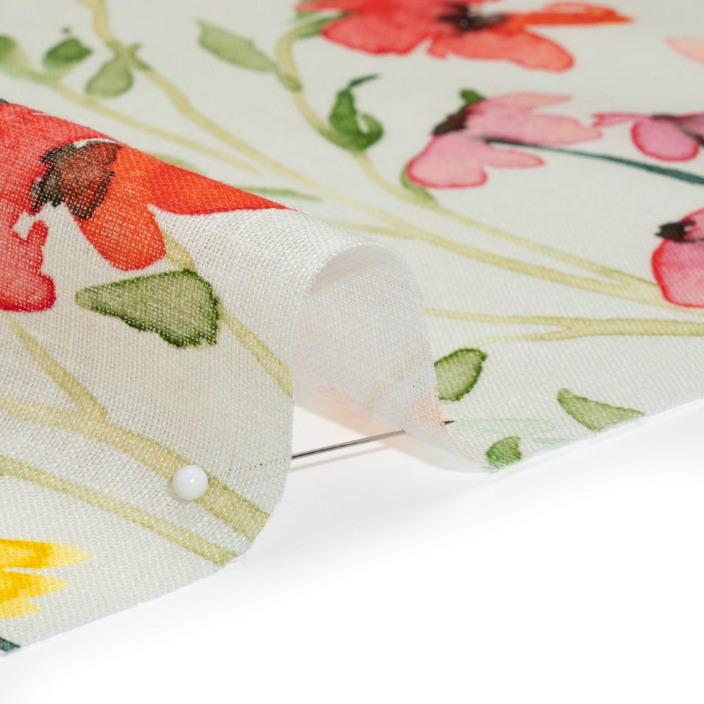 Lightweight Linen Woven - Yellow, Red and Green Watercolor Floral Trails on Ivory Detail Lightweight Linen Woven - Yellow, Red and Green Watercolor Floral Trails on Ivory Detail