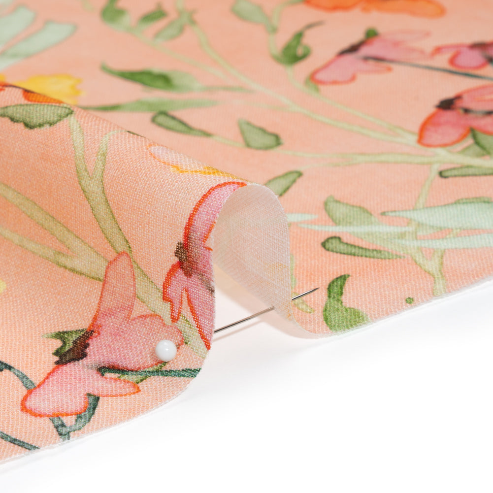 Lightweight Linen Woven - Yellow, Red and Green Watercolor Floral Trails on Blush Pink Detail Lightweight Linen Woven - Yellow, Red and Green Watercolor Floral Trails on Blush Pink Detail