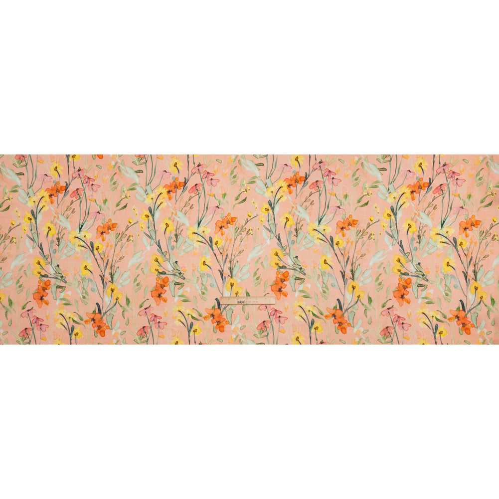 Lightweight Linen Woven - Yellow, Red and Green Watercolor Floral Trails on Blush Pink Full Lightweight Linen Woven - Yellow, Red and Green Watercolor Floral Trails on Blush Pink Full