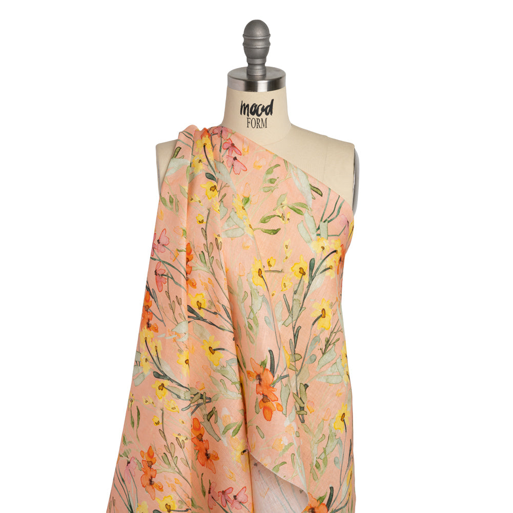 Lightweight Linen Woven - Yellow, Red and Green Watercolor Floral Trails on Blush Pink Drape Lightweight Linen Woven - Yellow, Red and Green Watercolor Floral Trails on Blush Pink Drape