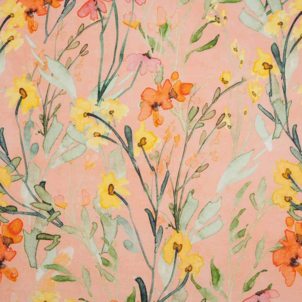 Lightweight Linen Woven - Yellow, Red and Green Watercolor Floral Trails on Blush Pink Lightweight Linen Woven - Yellow, Red and Green Watercolor Floral Trails on Blush Pink