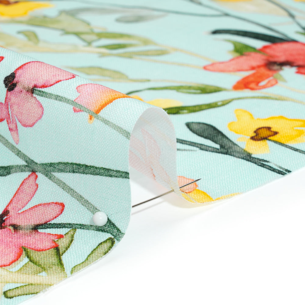 Lightweight Linen Woven - Yellow, Red and Green Watercolor Floral Trails on Ocean Blue - Detail Lightweight Linen Woven - Yellow, Red and Green Watercolor Floral Trails on Ocean Blue - Detail
