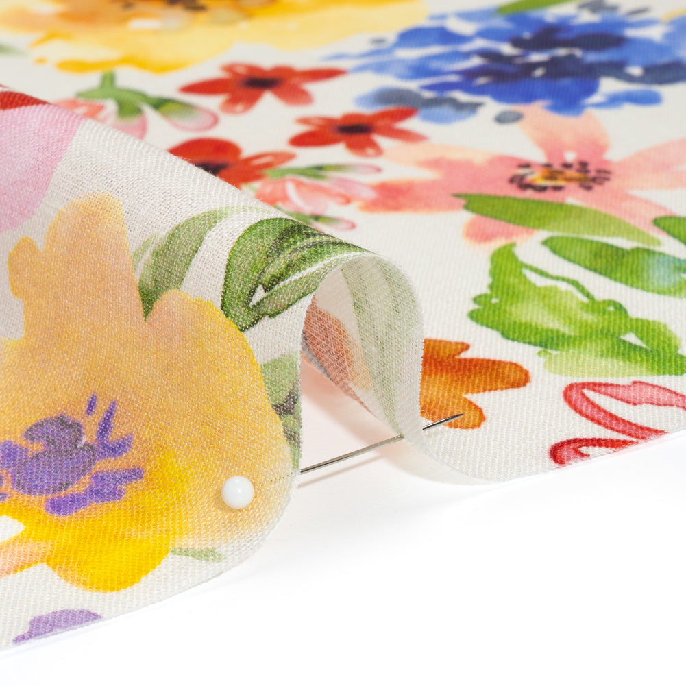 Lightweight Linen Woven - Purple, Yellow and Green Petal Drift Florals on White Detail Lightweight Linen Woven - Purple, Yellow and Green Petal Drift Florals on White Detail