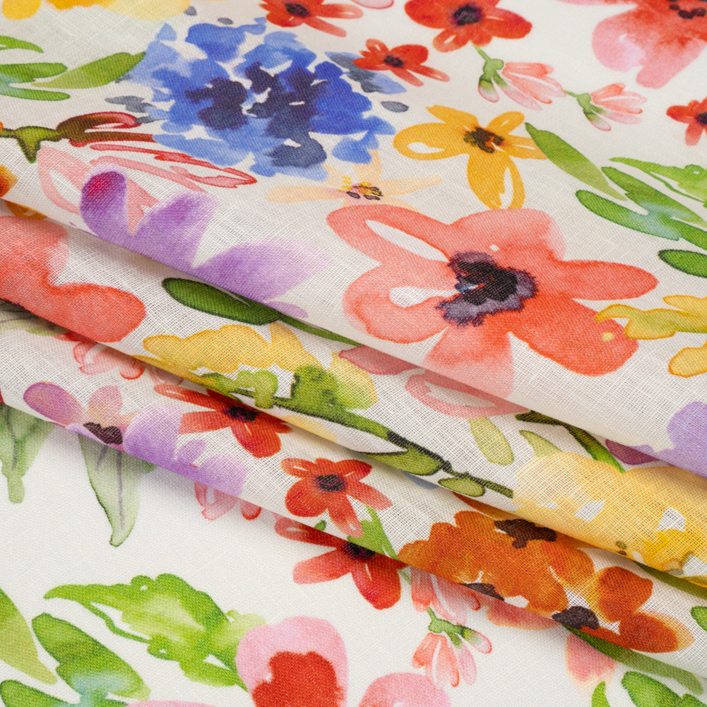 Lightweight Linen Woven - Purple, Yellow and Green Petal Drift Florals on White Full Lightweight Linen Woven - Purple, Yellow and Green Petal Drift Florals on White Full