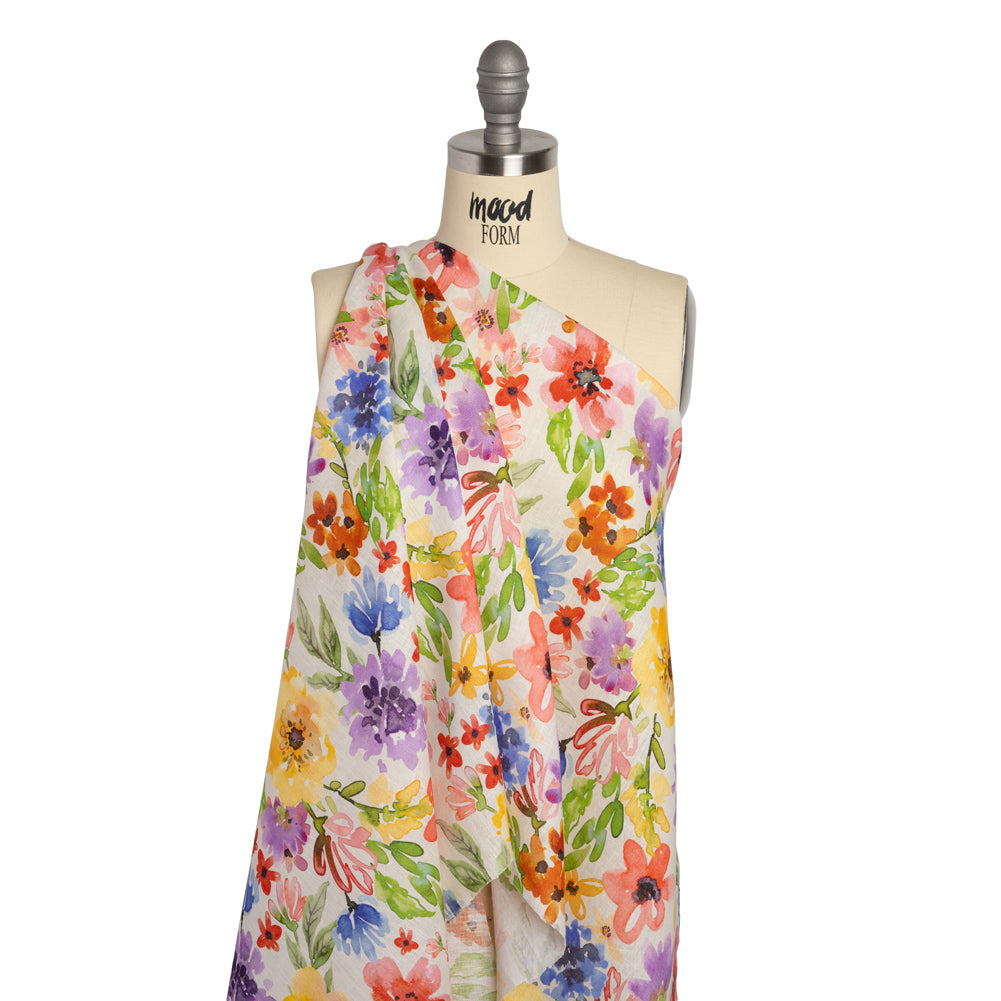 Lightweight Linen Woven - Purple, Yellow and Green Petal Drift Florals on White Drape Lightweight Linen Woven - Purple, Yellow and Green Petal Drift Florals on White Drape