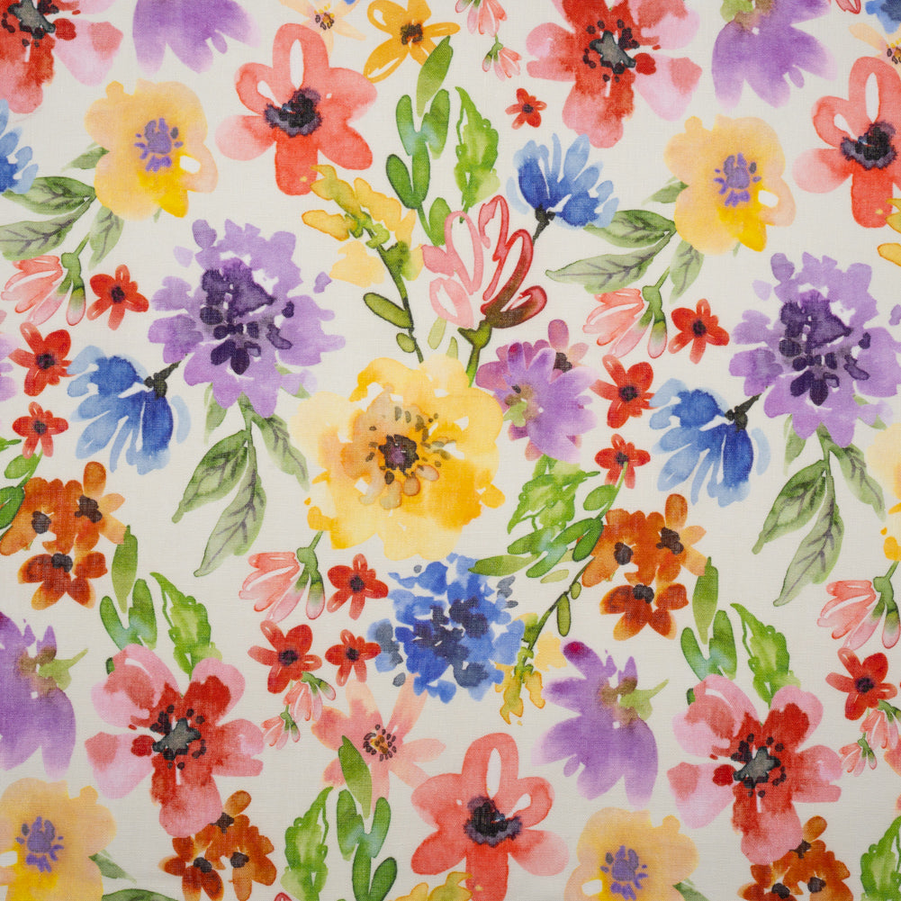 Lightweight Linen Woven - Purple, Yellow and Green Petal Drift Florals on White Lightweight Linen Woven - Purple, Yellow and Green Petal Drift Florals on White
