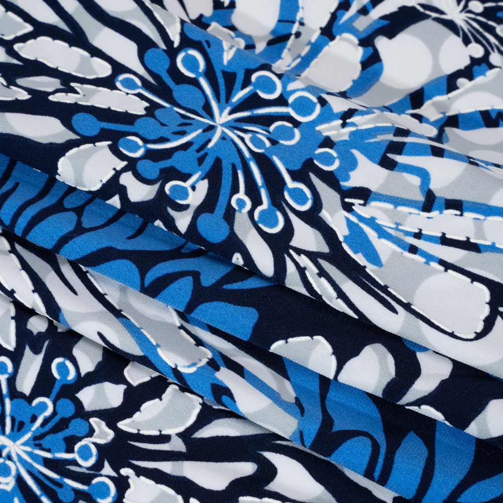 Stretch Polyester Tricot with Puff Print Outlines - Navy, Bright Blue and Gray Floral - Designer Deadstock Stretch Polyester Tricot with Puff Print Outlines - Navy, Bright Blue and Gray Floral - Designer Deadstock