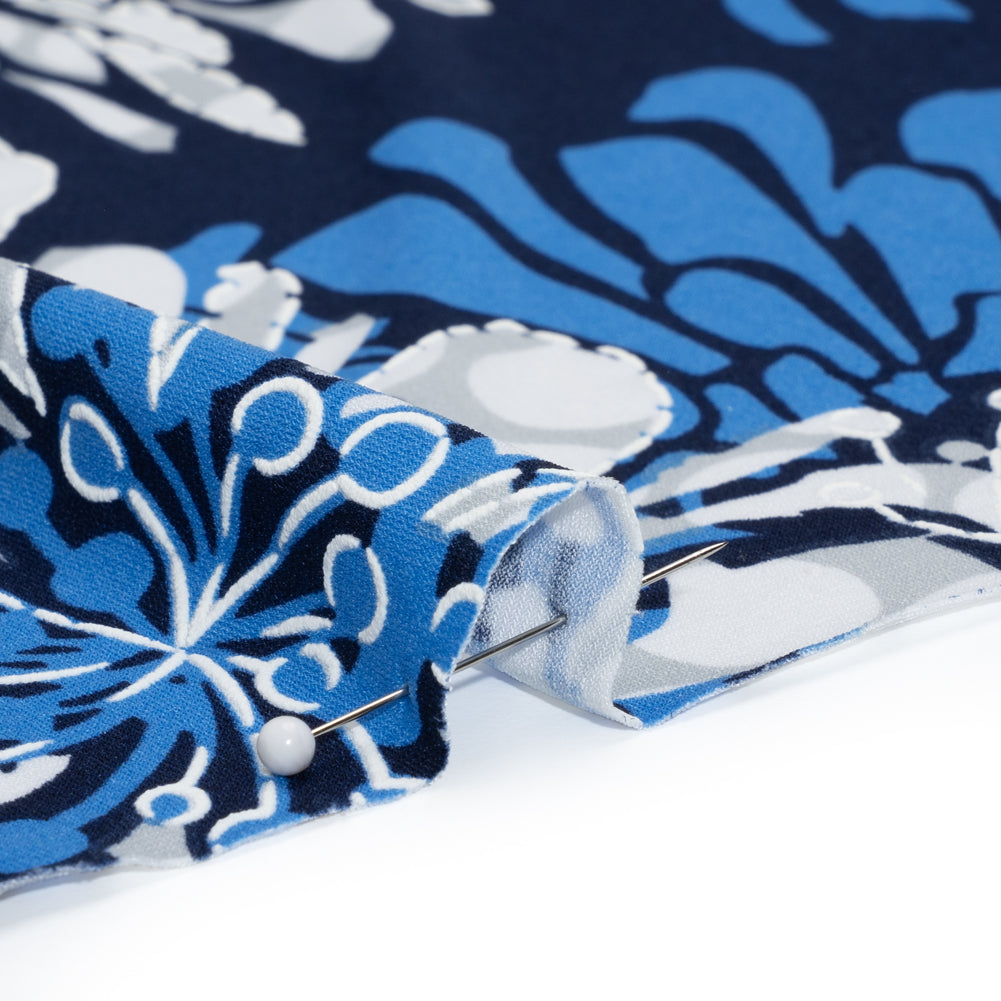 Stretch Polyester Tricot with Puff Print Outlines - Navy, Bright Blue and Gray Floral - Designer Deadstock Stretch Polyester Tricot with Puff Print Outlines - Navy, Bright Blue and Gray Floral - Designer Deadstock