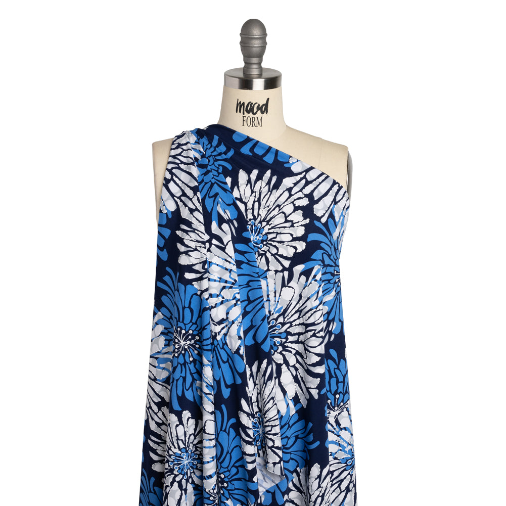 Stretch Polyester Tricot with Puff Print Outlines - Navy, Bright Blue and Gray Floral - Designer Deadstock Stretch Polyester Tricot with Puff Print Outlines - Navy, Bright Blue and Gray Floral - Designer Deadstock