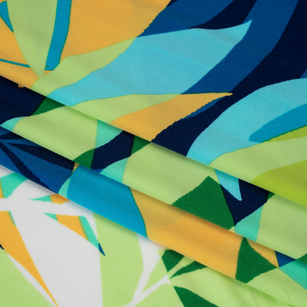 Stretch Polyester Tricot - Green, Blue and Goldenrod Overlapping Palm Leaves - Designer Deadstock Stretch Polyester Tricot - Green, Blue and Goldenrod Overlapping Palm Leaves - Designer Deadstock