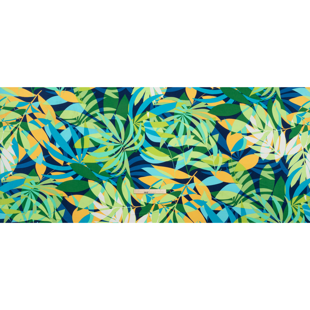 Stretch Polyester Tricot - Green, Blue and Goldenrod Overlapping Palm Leaves - Designer Deadstock Stretch Polyester Tricot - Green, Blue and Goldenrod Overlapping Palm Leaves - Designer Deadstock