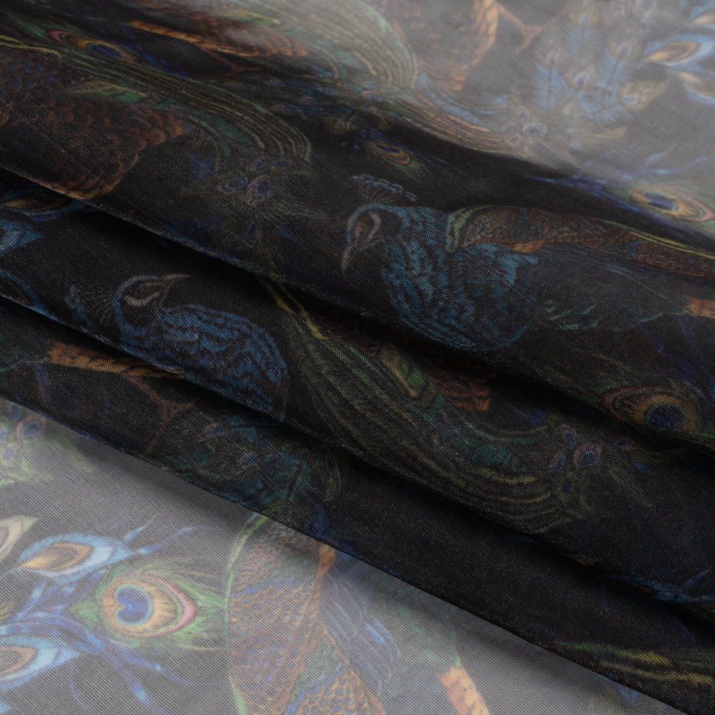 Polyester and Viscose Organza - Blue and Green Peacocks on Black Polyester and Viscose Organza - Blue and Green Peacocks on Black