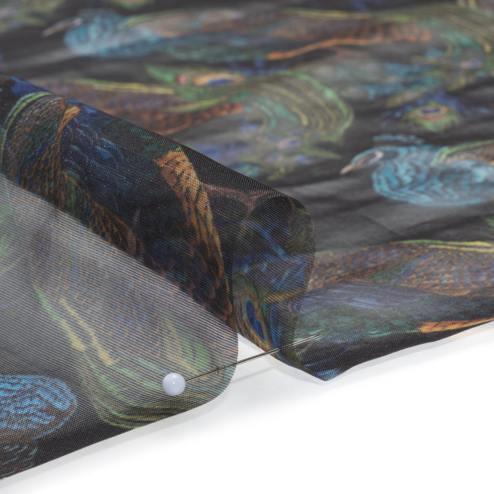 Polyester and Viscose Organza - Blue and Green Peacocks on Black Polyester and Viscose Organza - Blue and Green Peacocks on Black