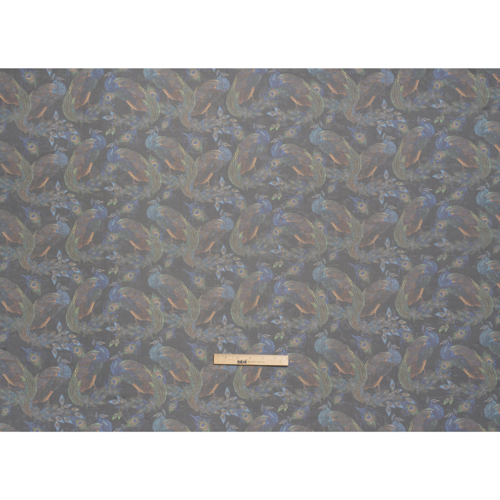 Polyester and Viscose Organza - Blue and Green Peacocks on Black Polyester and Viscose Organza - Blue and Green Peacocks on Black