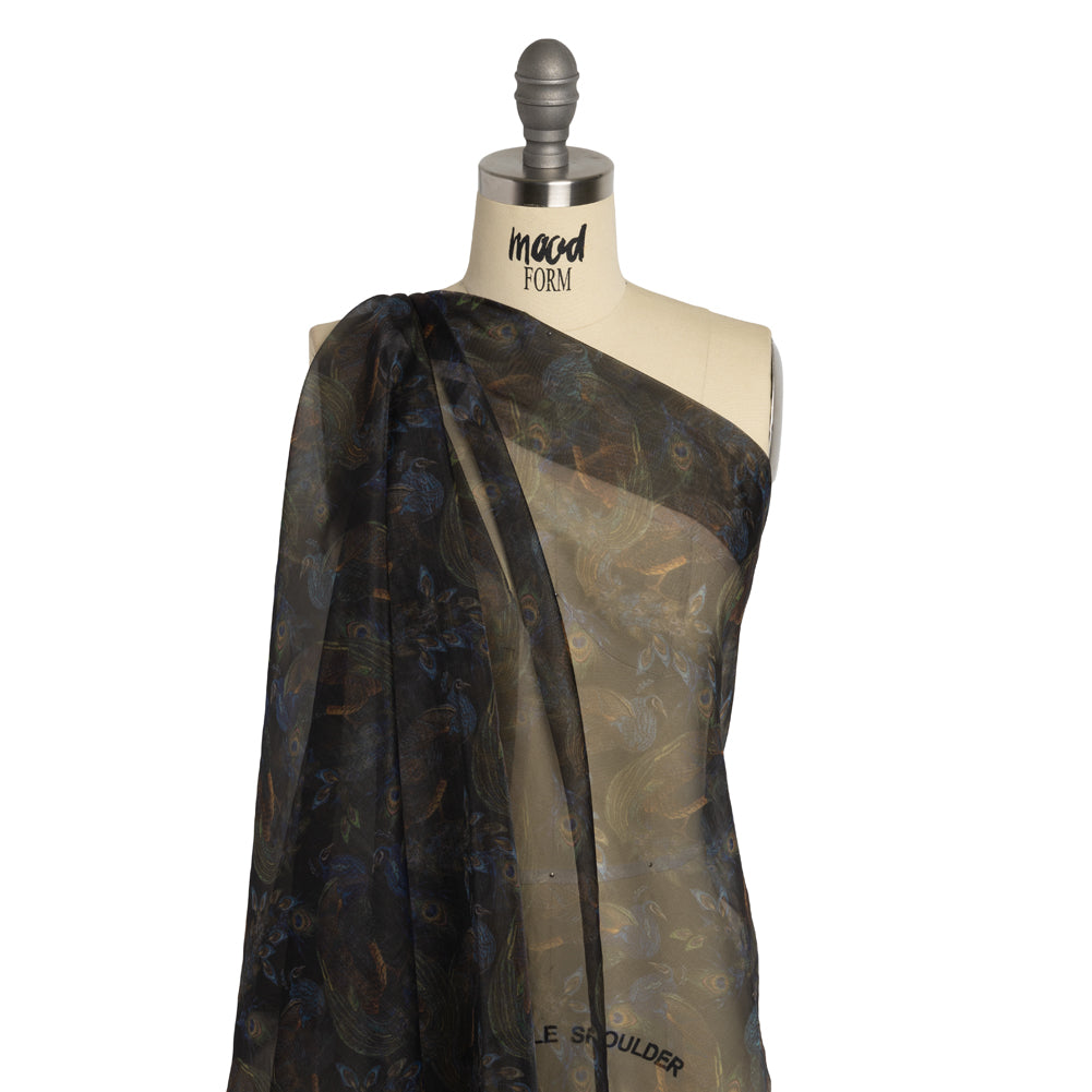 Polyester and Viscose Organza - Blue and Green Peacocks on Black Polyester and Viscose Organza - Blue and Green Peacocks on Black