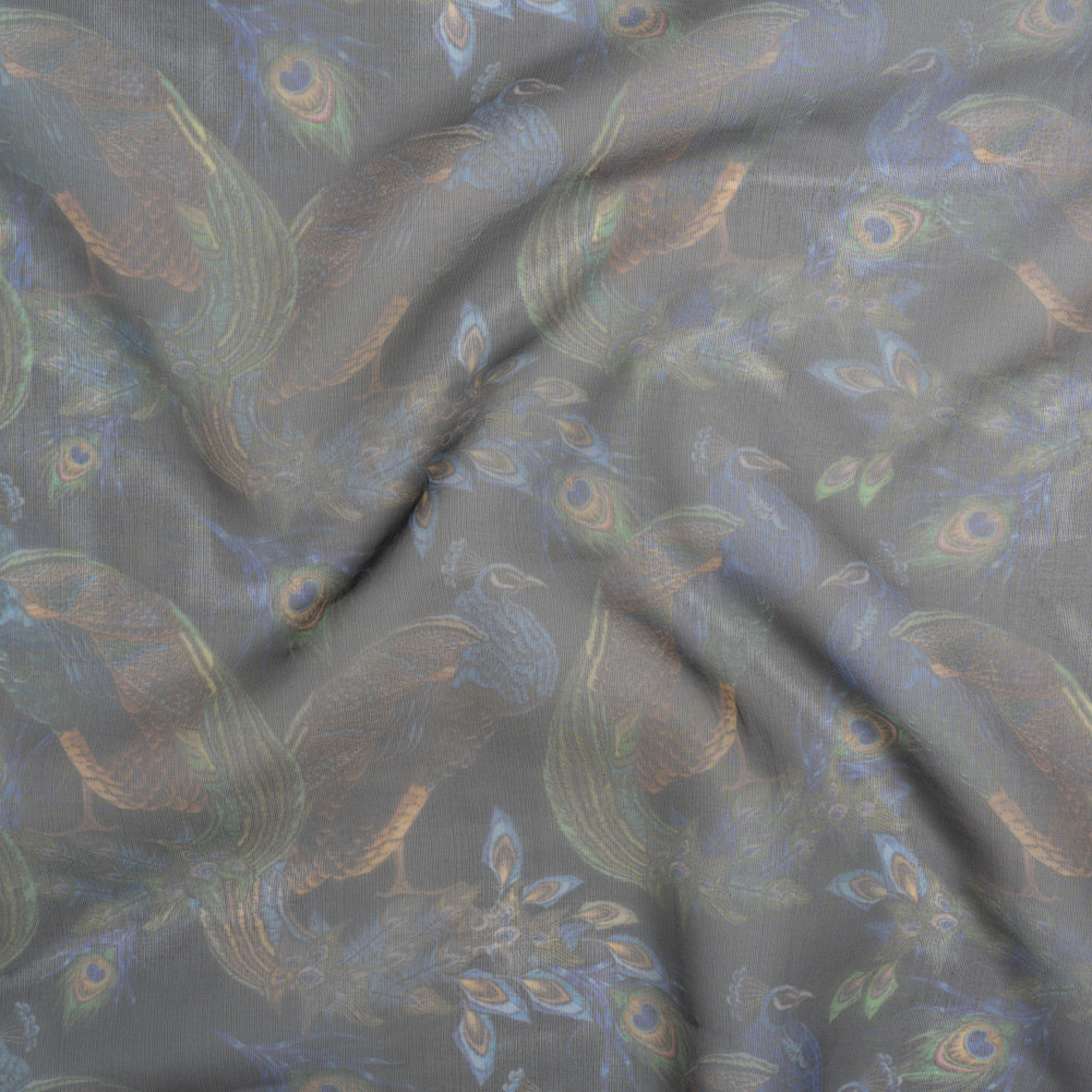 Polyester and Viscose Organza - Blue and Green Peacocks on Black Polyester and Viscose Organza - Blue and Green Peacocks on Black