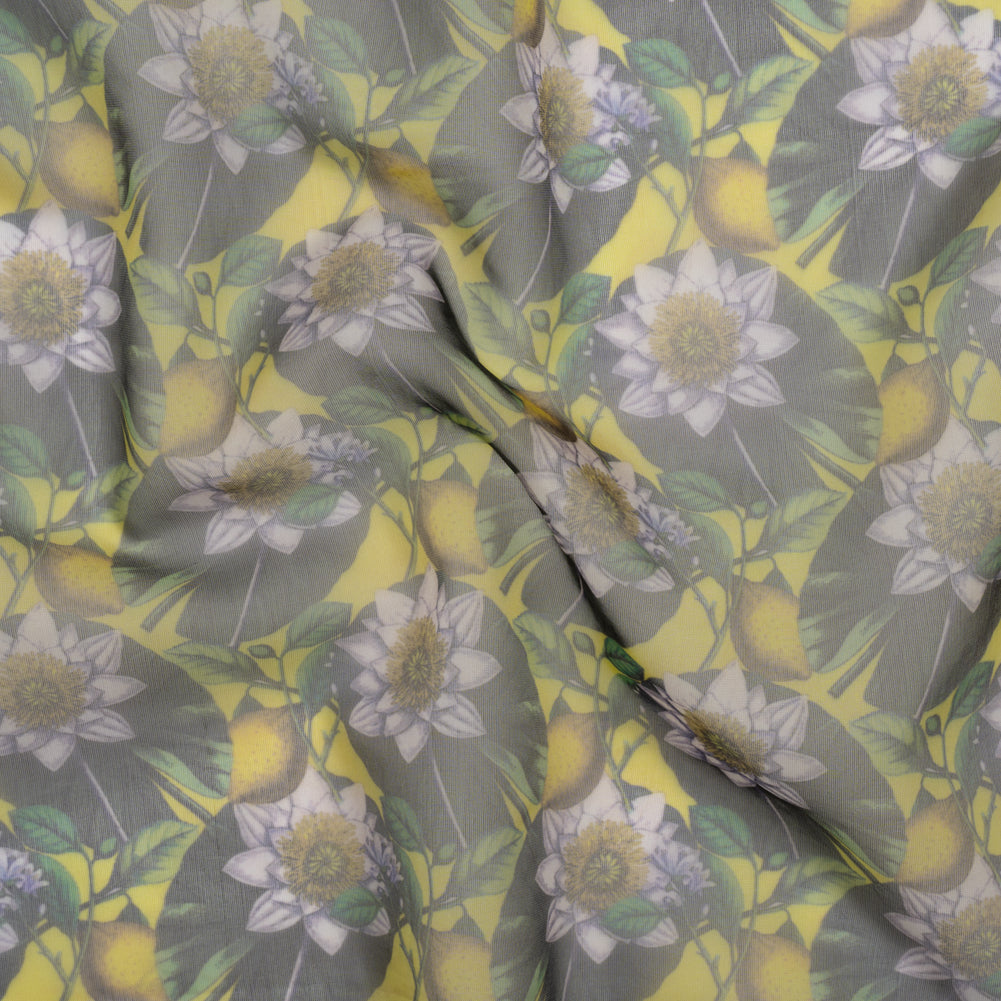 Polyester and Viscose Organza - Yellow and Green Lemons and Lily Pads Polyester and Viscose Organza - Yellow and Green Lemons and Lily Pads