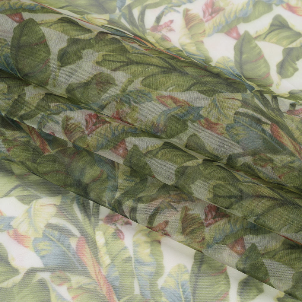 Polyester and Viscose Organza - White and Green Palm Trees Polyester and Viscose Organza - White and Green Palm Trees