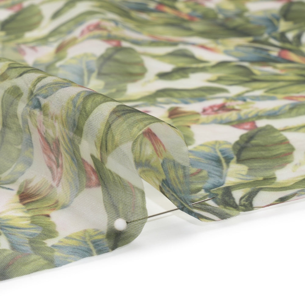 Polyester and Viscose Organza - White and Green Palm Trees Polyester and Viscose Organza - White and Green Palm Trees