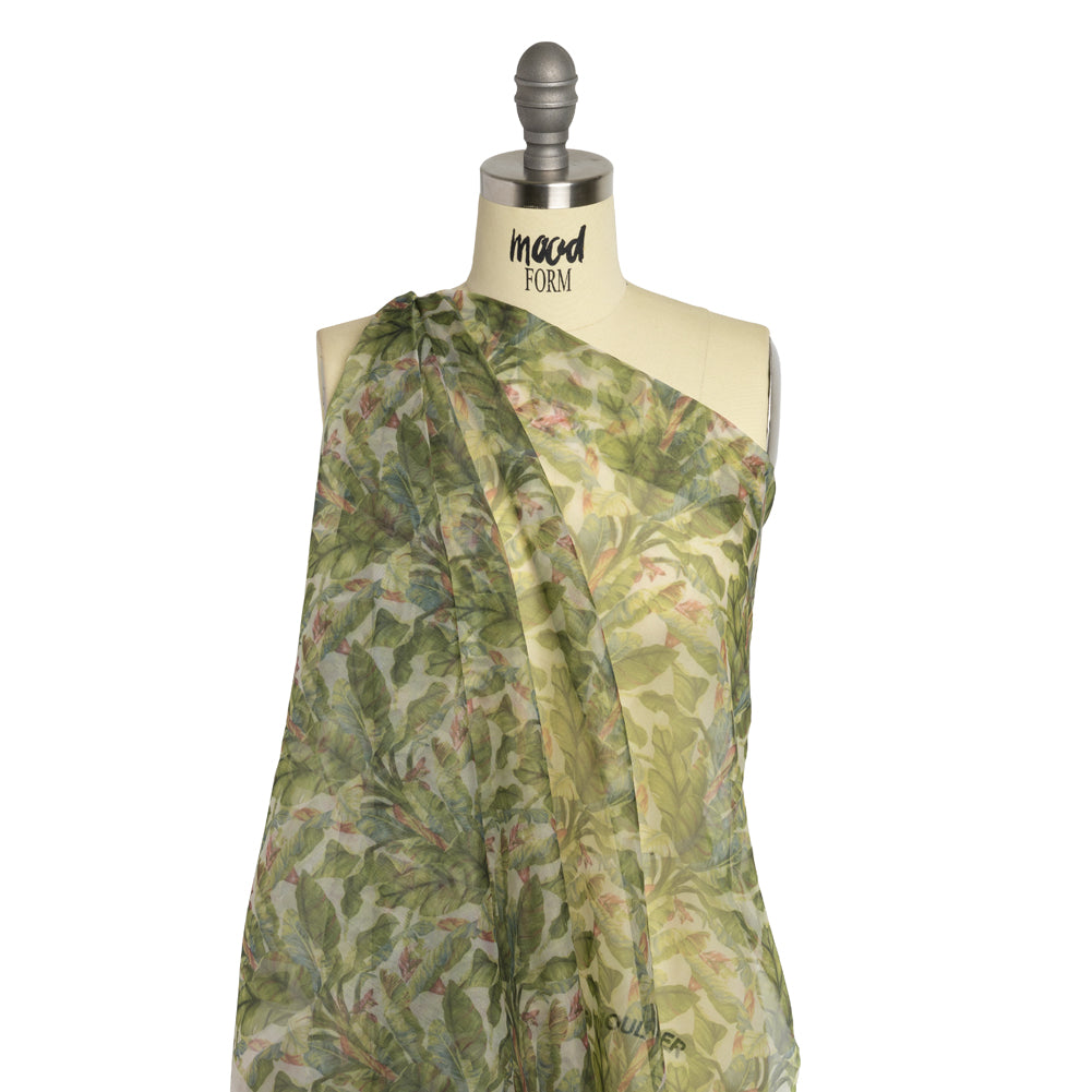 Polyester and Viscose Organza - White and Green Palm Trees Polyester and Viscose Organza - White and Green Palm Trees