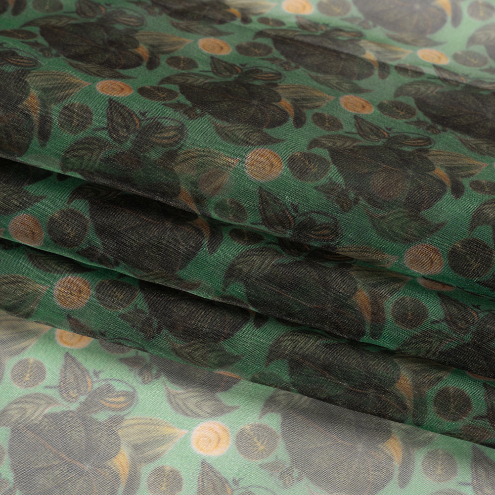 Polyester and Viscose Organza - Green and Teal Tropical Leaf Bunches - Folded Polyester and Viscose Organza - Green and Teal Tropical Leaf Bunches - Folded