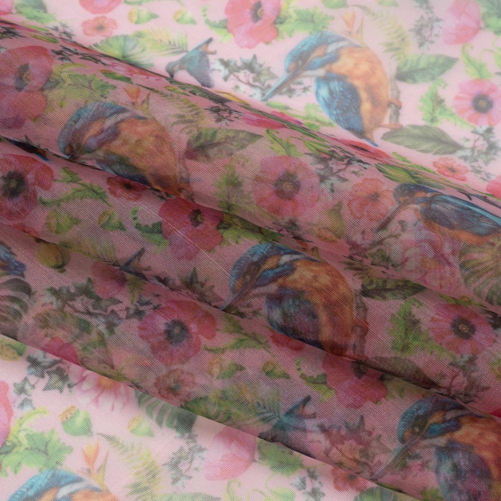Polyester and Viscose Organza - Pink, Blue and Green Tropical Leaves, Birds and Flowers Polyester and Viscose Organza - Pink, Blue and Green Tropical Leaves, Birds and Flowers