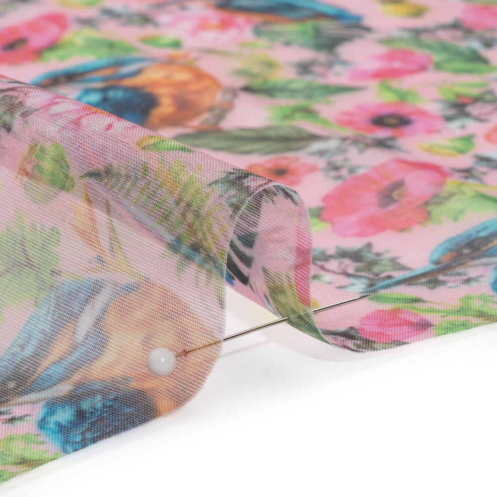 Polyester and Viscose Organza - Pink, Blue and Green Tropical Leaves, Birds and Flowers Polyester and Viscose Organza - Pink, Blue and Green Tropical Leaves, Birds and Flowers