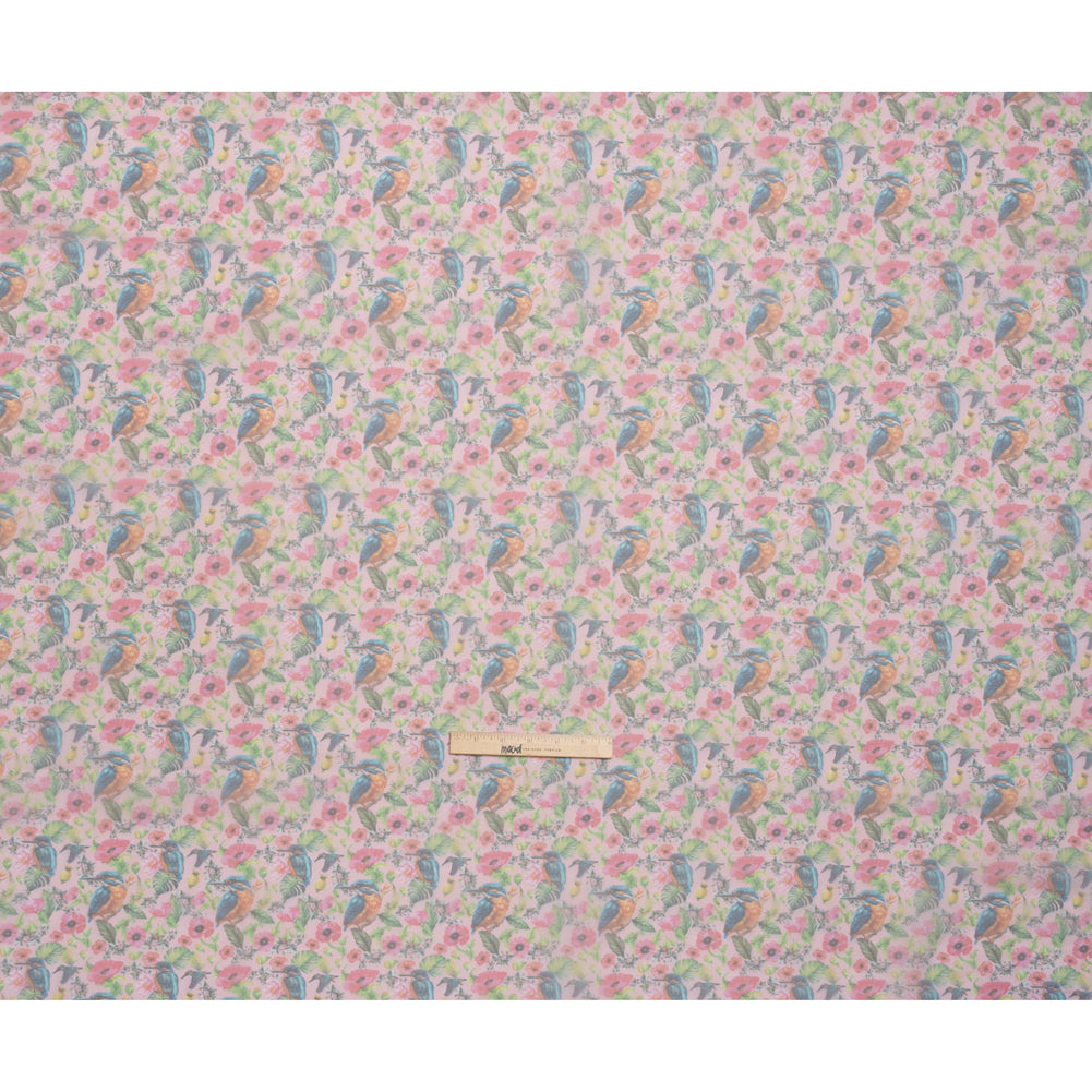 Polyester and Viscose Organza - Pink, Blue and Green Tropical Leaves, Birds and Flowers Polyester and Viscose Organza - Pink, Blue and Green Tropical Leaves, Birds and Flowers