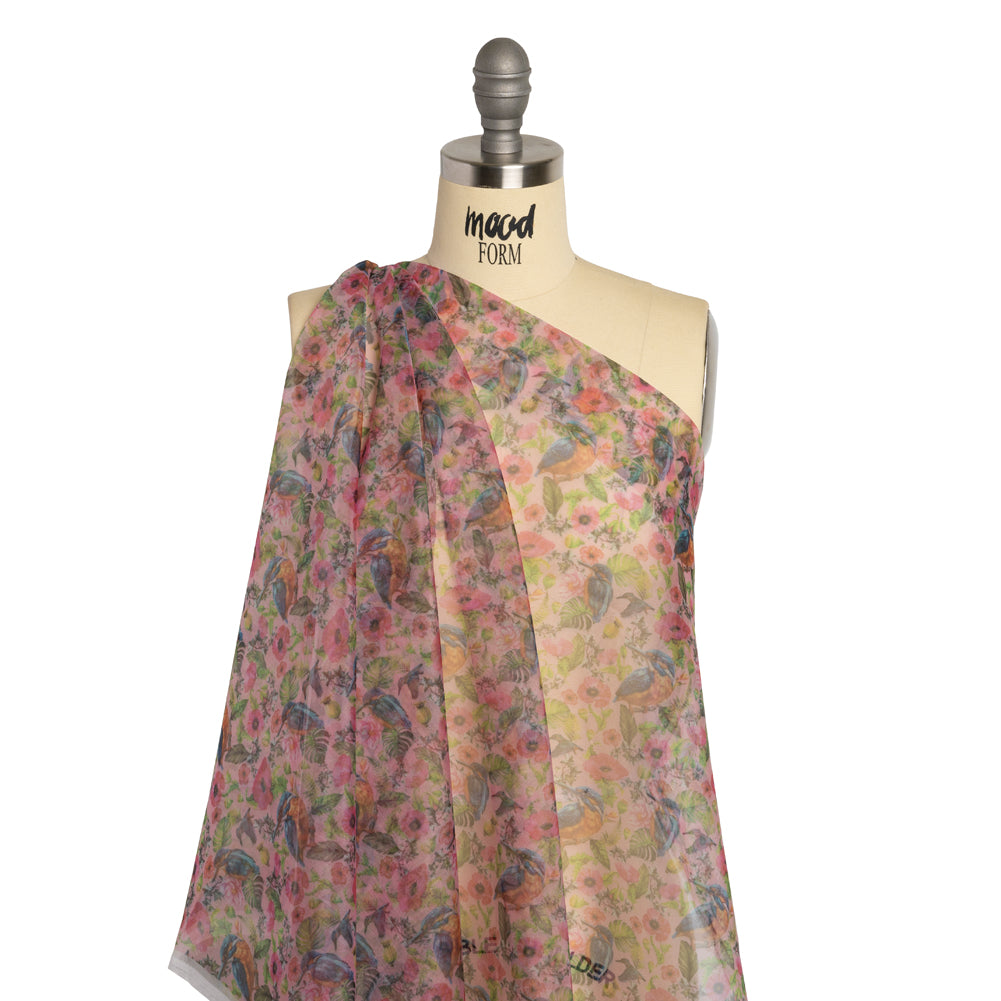 Polyester and Viscose Organza - Pink, Blue and Green Tropical Leaves, Birds and Flowers Polyester and Viscose Organza - Pink, Blue and Green Tropical Leaves, Birds and Flowers