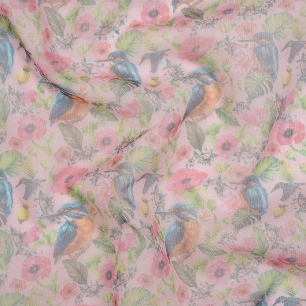 Polyester and Viscose Organza - Pink, Blue and Green Tropical Leaves, Birds and Flowers Polyester and Viscose Organza - Pink, Blue and Green Tropical Leaves, Birds and Flowers