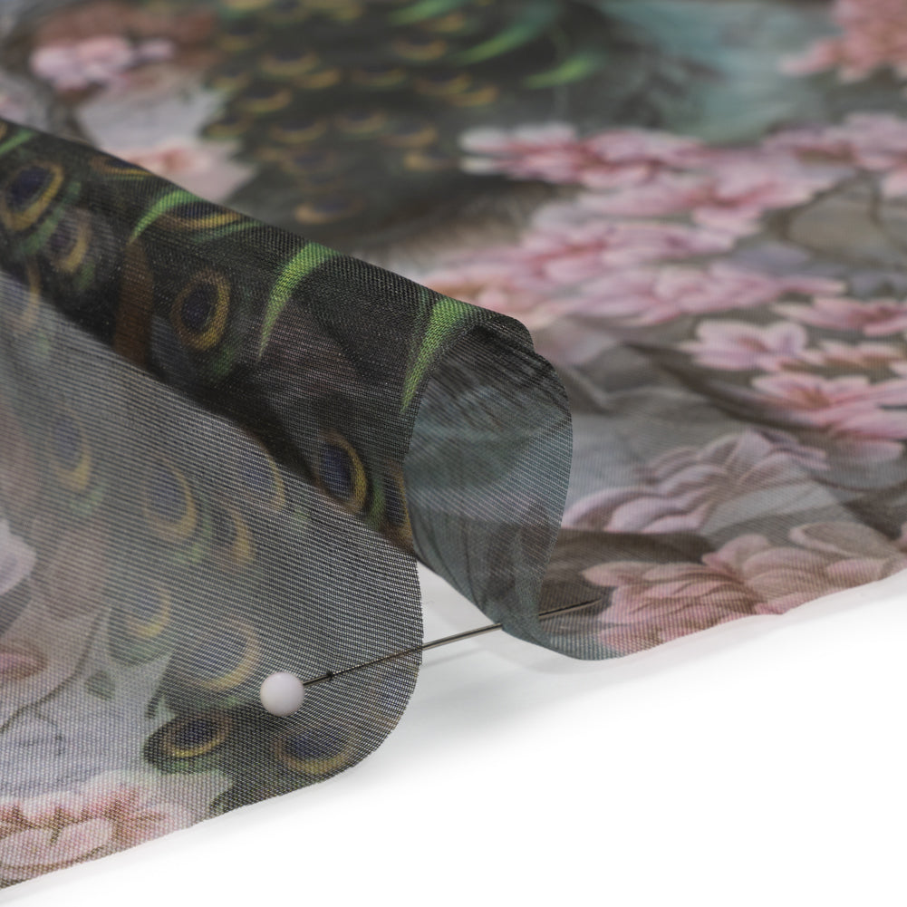 Polyester and Viscose Organza - Pink, Olive Green and Brown Peacocks and Blossoms - Detail Polyester and Viscose Organza - Pink, Olive Green and Brown Peacocks and Blossoms - Detail