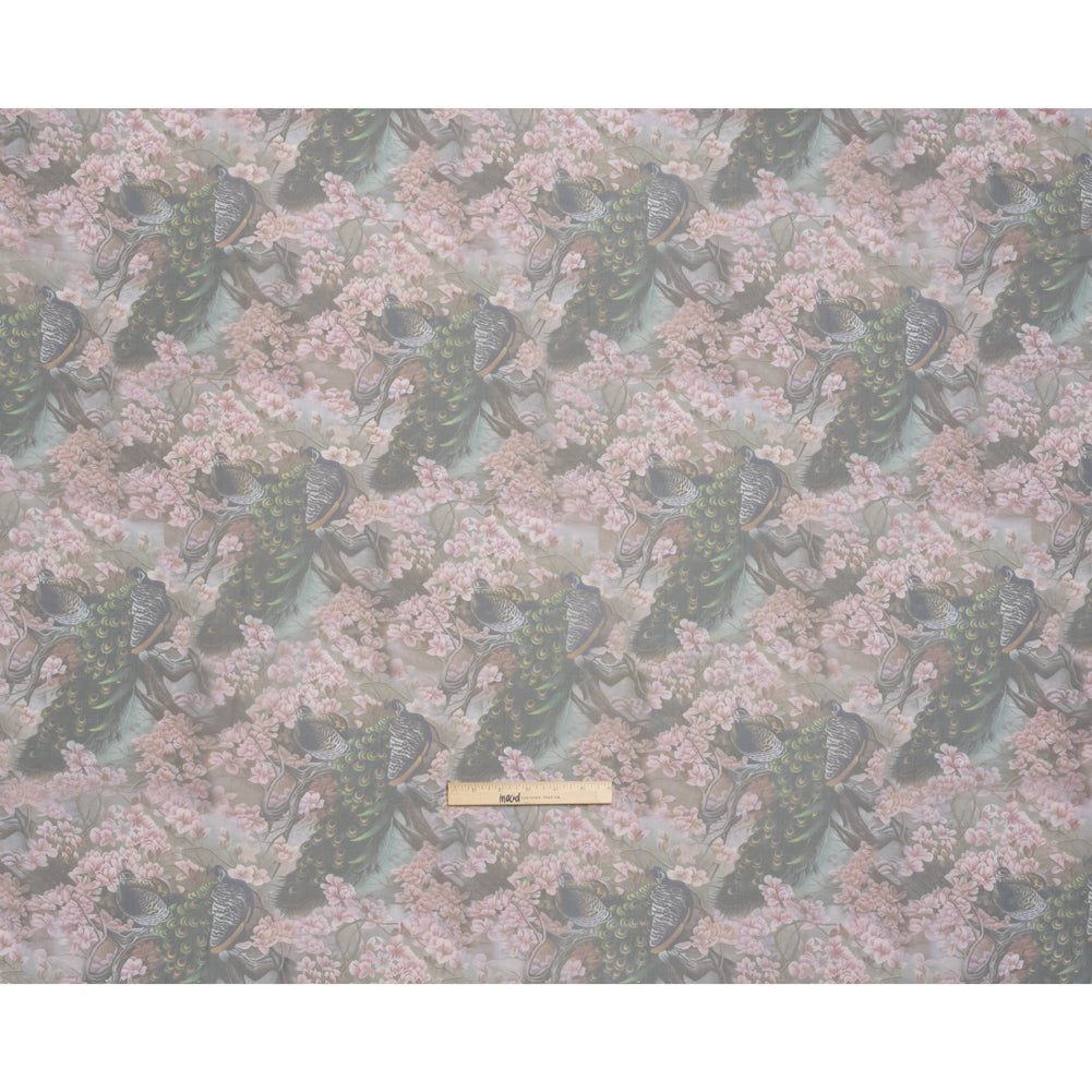 Polyester and Viscose Organza - Pink, Olive Green and Brown Peacocks and Blossoms - Full Polyester and Viscose Organza - Pink, Olive Green and Brown Peacocks and Blossoms - Full