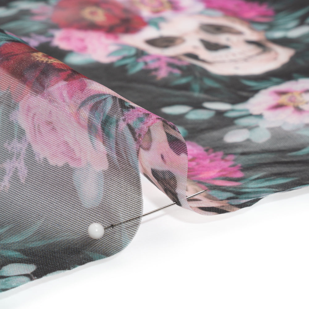 Polyester and Viscose Organza - Black, Pink and Ivory Flower Skulls - Detail Polyester and Viscose Organza - Black, Pink and Ivory Flower Skulls - Detail