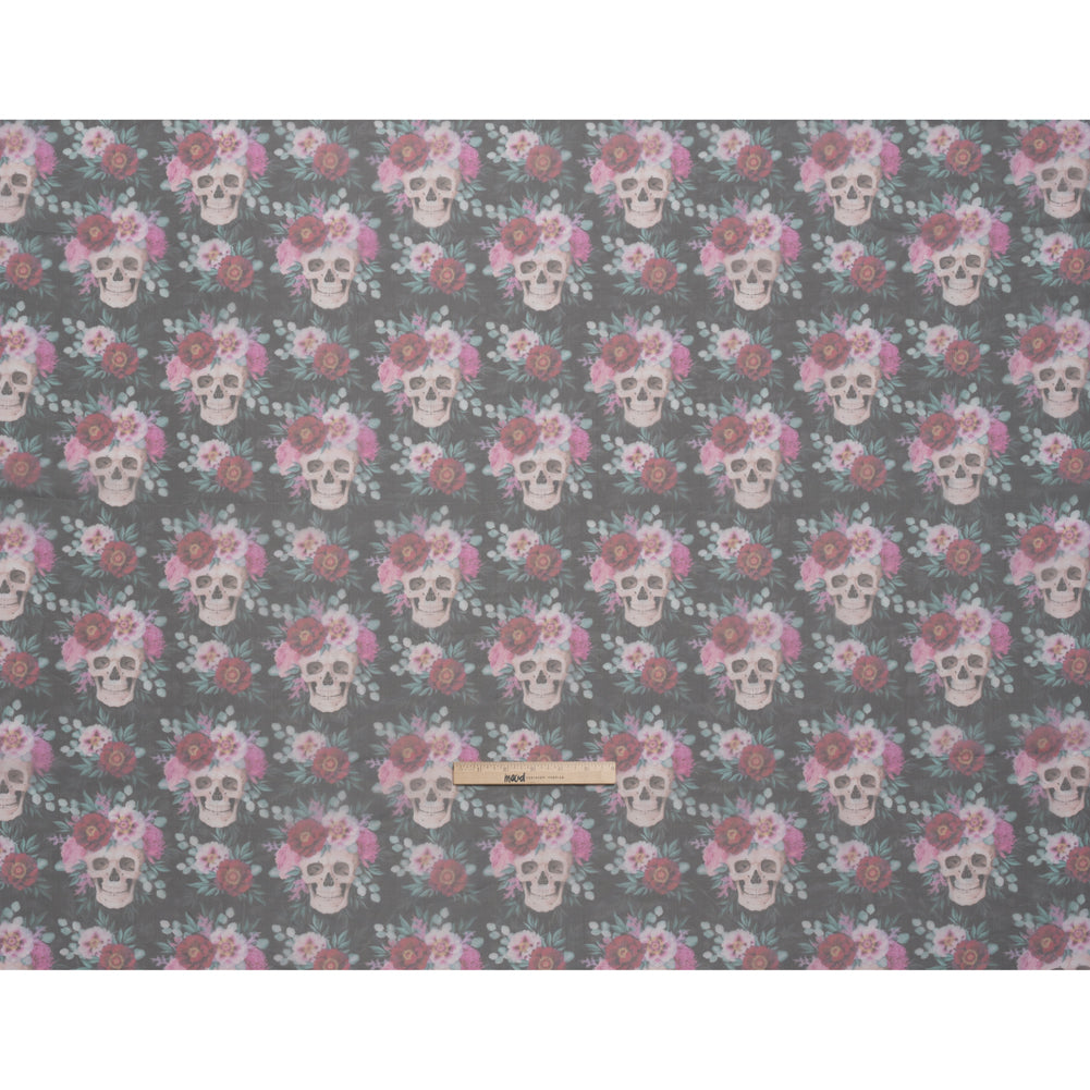 Polyester and Viscose Organza - Black, Pink and Ivory Flower Skulls - Full Polyester and Viscose Organza - Black, Pink and Ivory Flower Skulls - Full