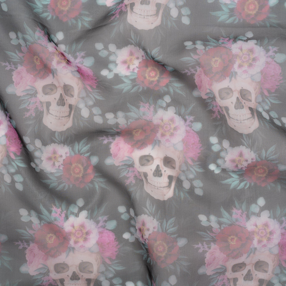 Polyester and Viscose Organza - Black, Pink and Ivory Flower Skulls Polyester and Viscose Organza - Black, Pink and Ivory Flower Skulls