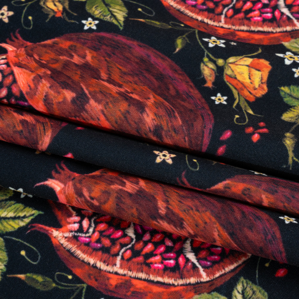 Polyester Microvelvet - Red, Green and Black Pomegranates and Flowers Polyester Microvelvet - Red, Green and Black Pomegranates and Flowers
