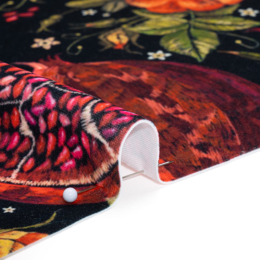 Polyester Microvelvet - Red, Green and Black Pomegranates and Flowers Polyester Microvelvet - Red, Green and Black Pomegranates and Flowers
