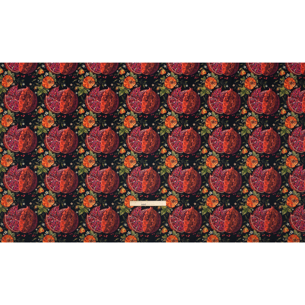 Polyester Microvelvet - Red, Green and Black Pomegranates and Flowers Polyester Microvelvet - Red, Green and Black Pomegranates and Flowers