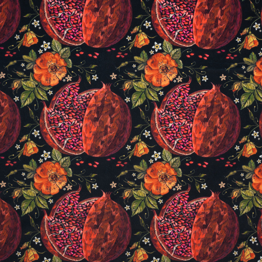 Polyester Microvelvet - Red, Green and Black Pomegranates and Flowers Polyester Microvelvet - Red, Green and Black Pomegranates and Flowers