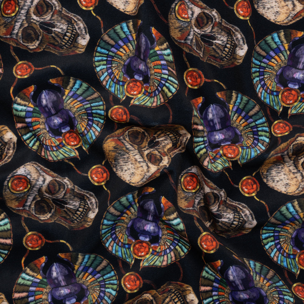 Polyester Microvelvet - Black, Green and Red Scarab Beetles and Skulls Polyester Microvelvet - Black, Green and Red Scarab Beetles and Skulls