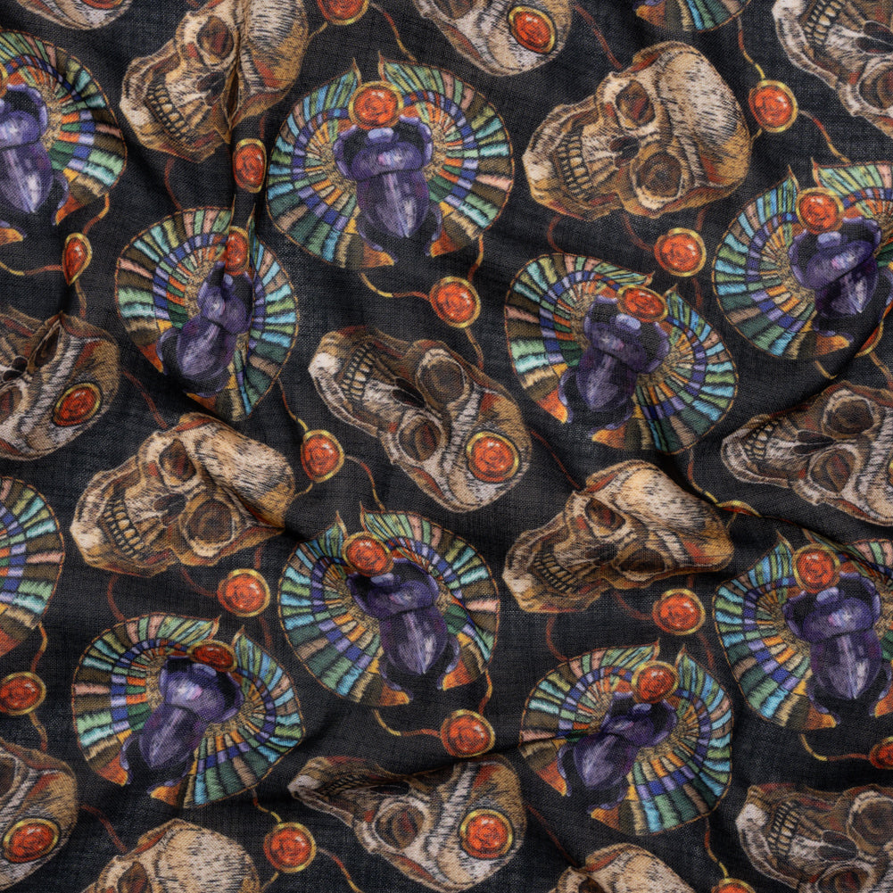 Medium Weight Linen and Cotton Woven - Black, Green and Red Scarab Beetles and Skulls Medium Weight Linen and Cotton Woven - Black, Green and Red Scarab Beetles and Skulls