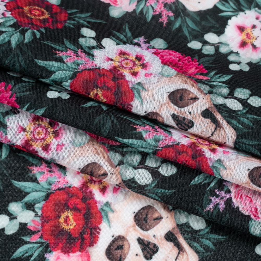 Medium Weight Linen and Cotton Woven - Black, Pink and Ivory Flower Skulls Medium Weight Linen and Cotton Woven - Black, Pink and Ivory Flower Skulls