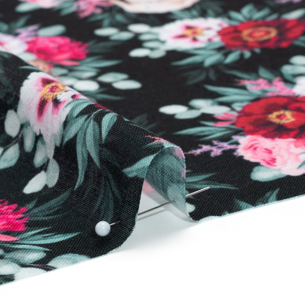 Medium Weight Linen and Cotton Woven - Black, Pink and Ivory Flower Skulls Medium Weight Linen and Cotton Woven - Black, Pink and Ivory Flower Skulls