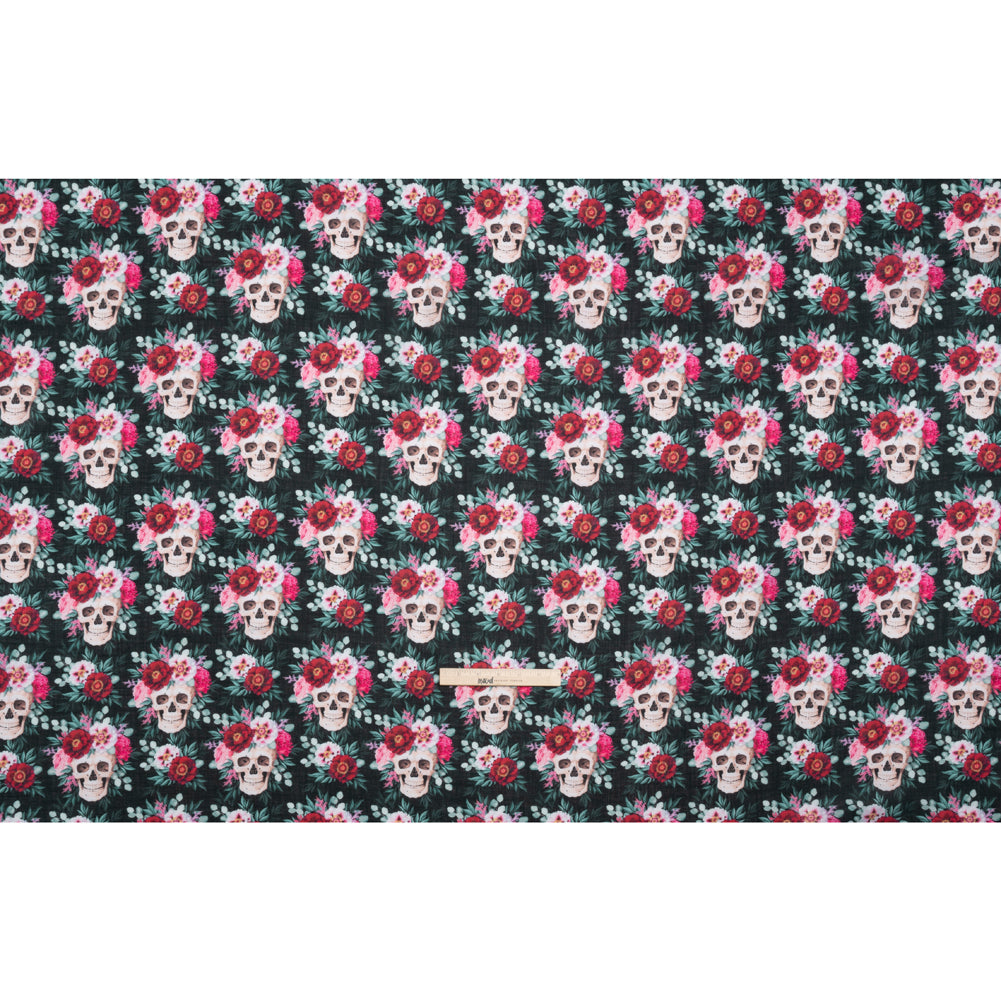 Medium Weight Linen and Cotton Woven - Black, Pink and Ivory Flower Skulls Medium Weight Linen and Cotton Woven - Black, Pink and Ivory Flower Skulls