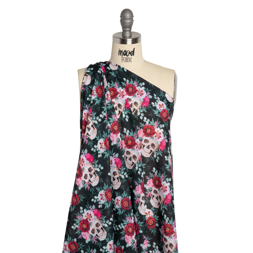 Medium Weight Linen and Cotton Woven - Black, Pink and Ivory Flower Skulls Medium Weight Linen and Cotton Woven - Black, Pink and Ivory Flower Skulls