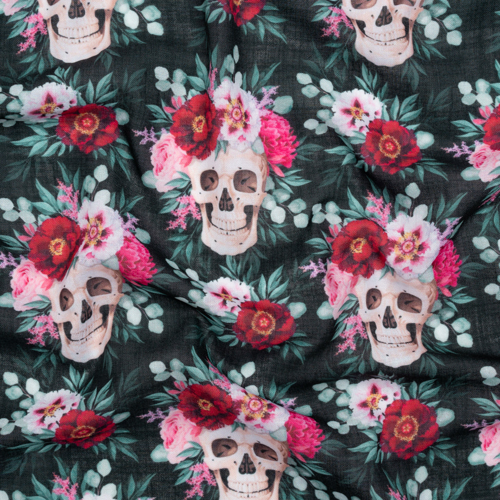 Medium Weight Linen and Cotton Woven - Black, Pink and Ivory Flower Skulls Medium Weight Linen and Cotton Woven - Black, Pink and Ivory Flower Skulls