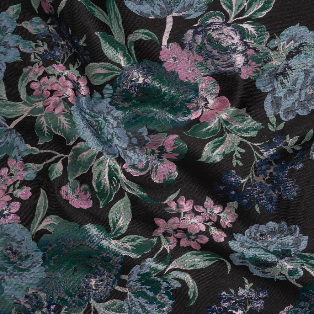 Metallic Luxury Brocade - Black, Blue and Baby Pink Classic Flowers Metallic Luxury Brocade - Black, Blue and Baby Pink Classic Flowers